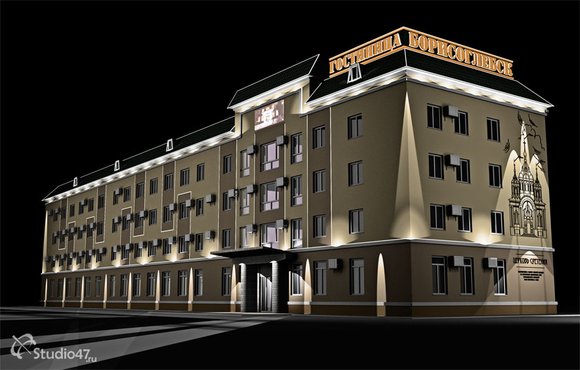 Архитектурная подсветка фасадов гостиницы Борисоглебск